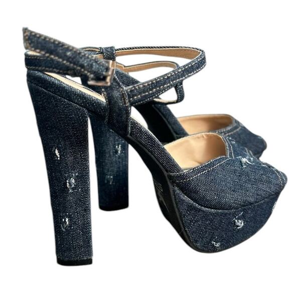 Shiekh Blue Distressed Denim Platform Sandals Block Heel NWOB Size 8 - Picture 5 of 7